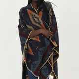 Navy Aztec Design Reversible Poncho