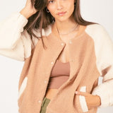 Cream Fuzzy Sherpa Baseball Jacket