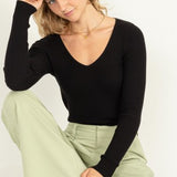 Black Ribbed V Neck L/S