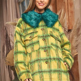 Lime + Yellow Fuzzy Plaid Jacket with Furry Collar