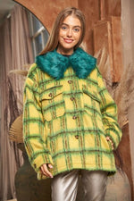 Lime + Yellow Fuzzy Plaid Jacket with Furry Collar
