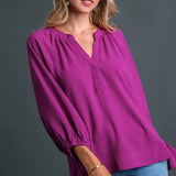 Off White Notched Neckline Three Button Blouse