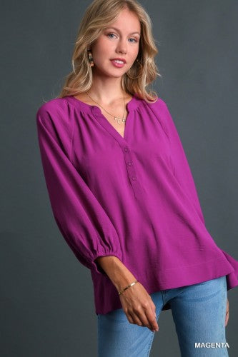 Off White Notched Neckline Three Button Blouse