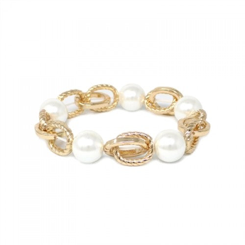 Gold Textured Link Chain Pearl Link Bracelet