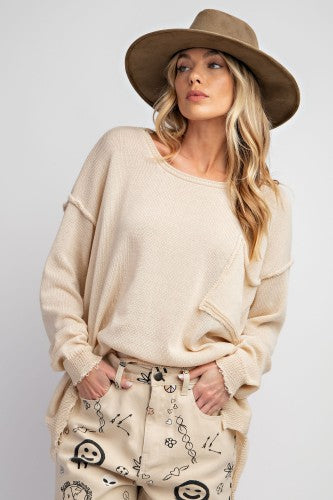 Oatmeal Fray Hem L/S Knitted Dolman Sweater