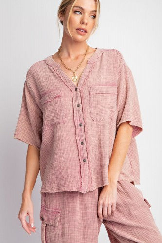 Mauve Washed Cotton Gauze Button Down Top