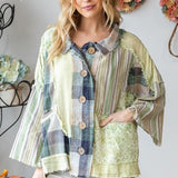 Sage Washed Mixed Fabric Button Up Jacket