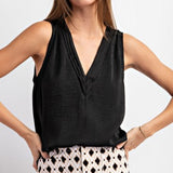 Black Silky Satin Pintuck V Neck Tank Blouse