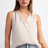 Champagne Satin Pintuck V Neck Tank Blouse