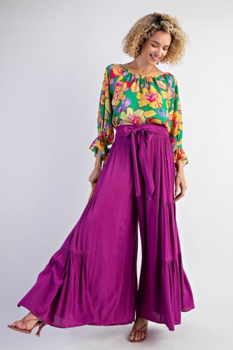 Magenta Smocked Waist Ruffle Wide Leg Pant