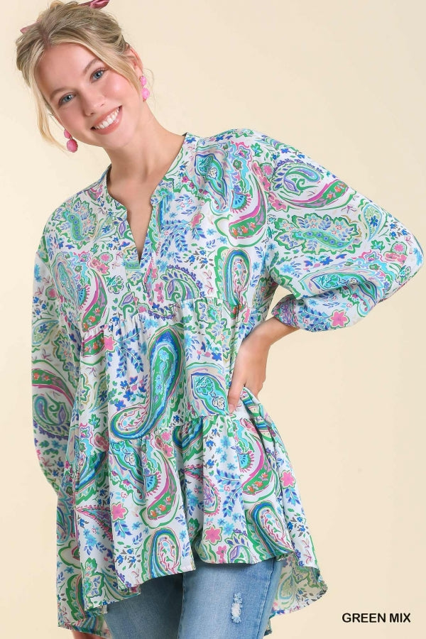 Green Mix Paisley Tiered Blouse