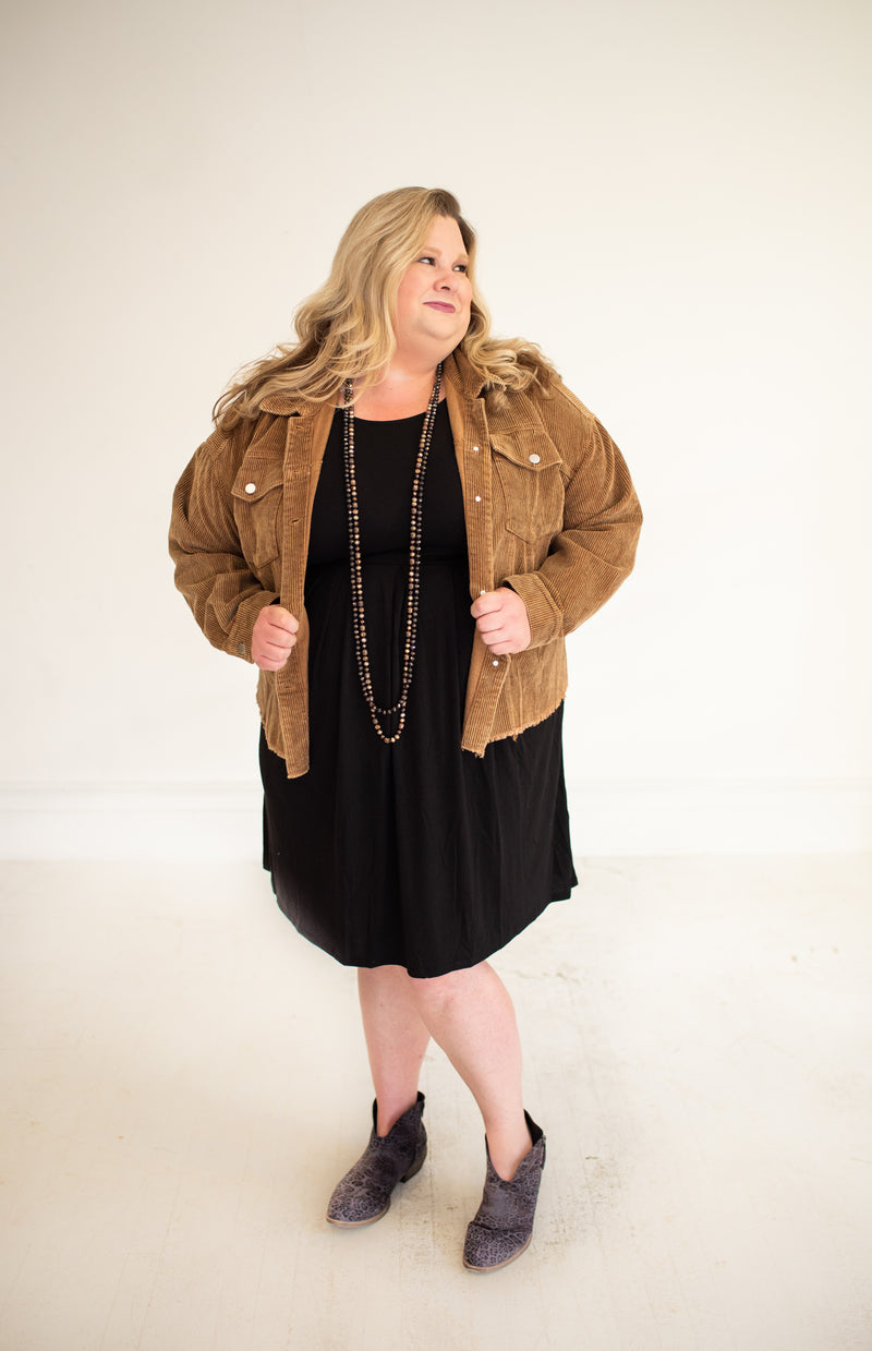 Black L/S Pleated Dress with Side Pockets