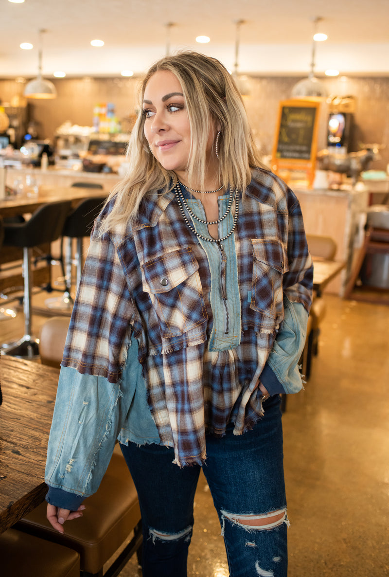 Washed Denim + Plaid Mix Pullover 1/4 Zip