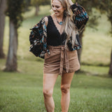 Camel Corduroy Shorts with Waist Tie