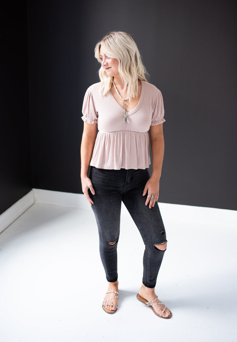 Dusty Rose Ribbed Flutter Top