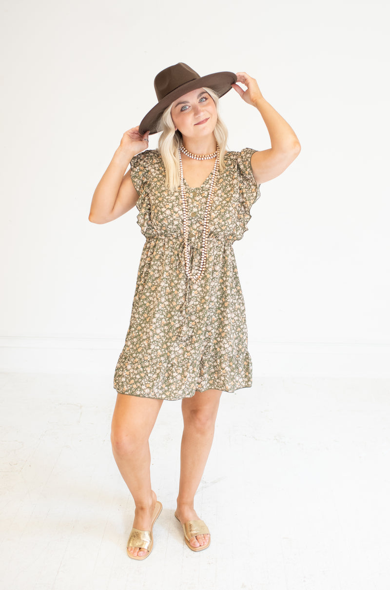 So Sweet Light Olive Floral Dress with Front Waist Tassel