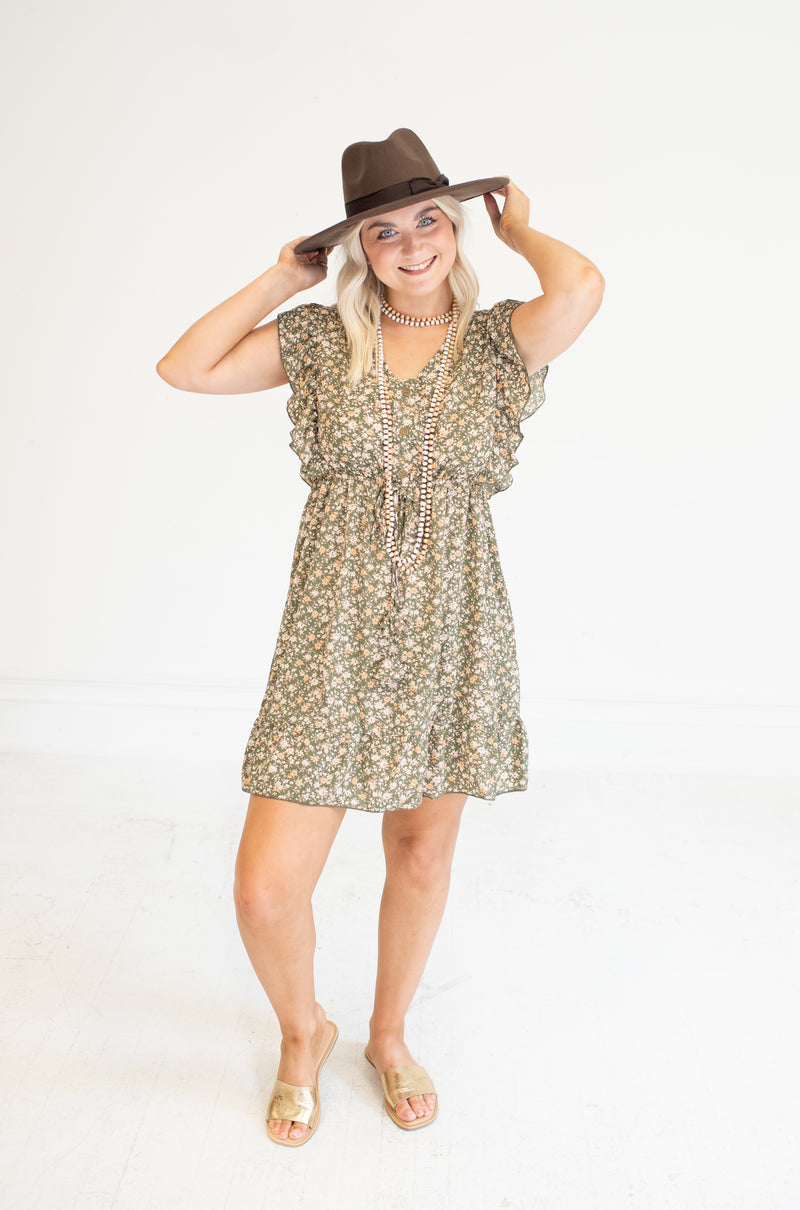 So Sweet Light Olive Floral Dress with Front Waist Tassel