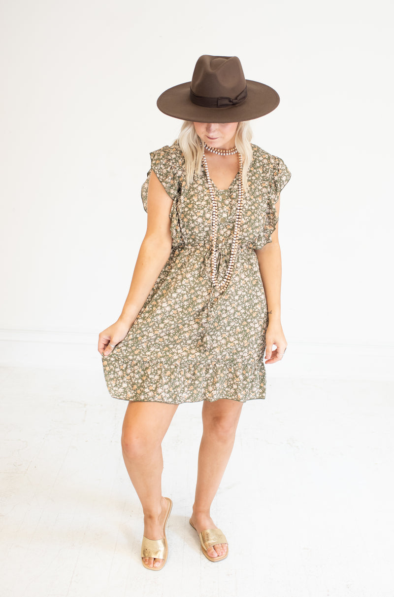 So Sweet Light Olive Floral Dress with Front Waist Tassel