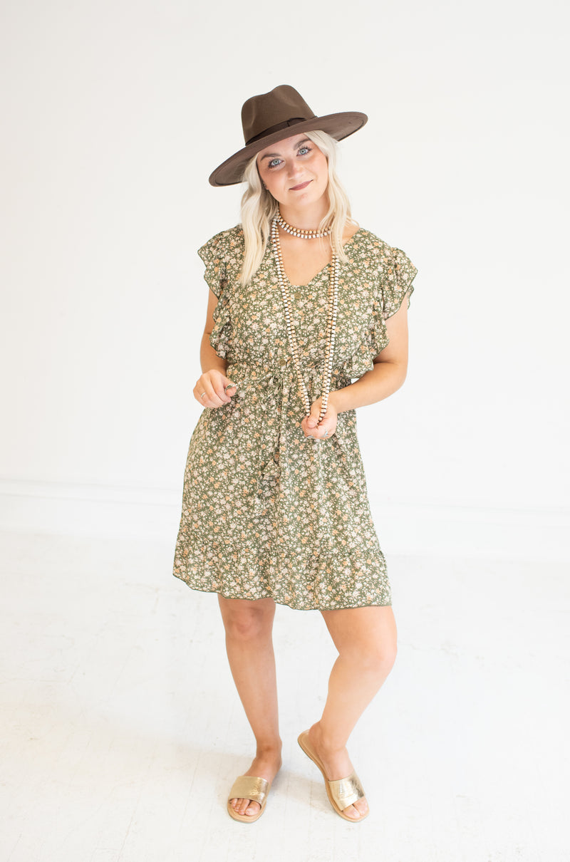 So Sweet Light Olive Floral Dress with Front Waist Tassel