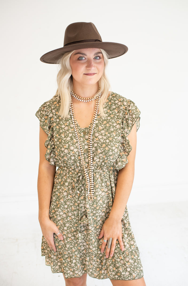 So Sweet Light Olive Floral Dress with Front Waist Tassel
