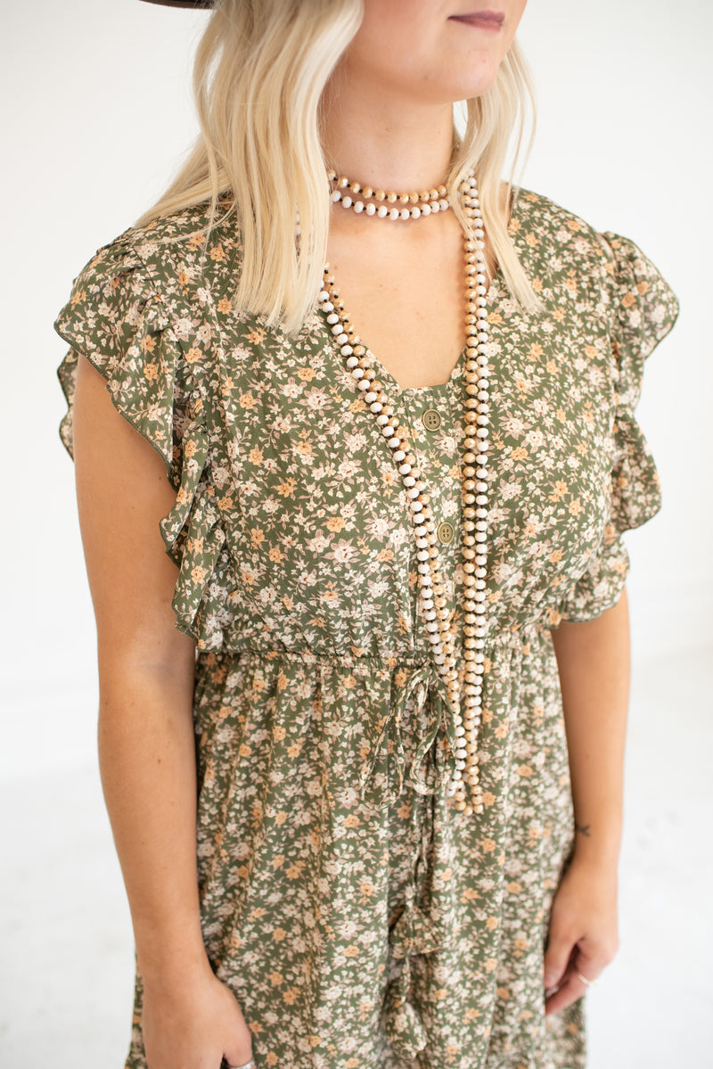 So Sweet Light Olive Floral Dress with Front Waist Tassel