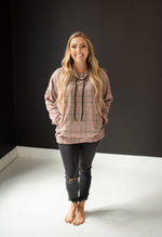 Drawstring Cowl Neck Plaid Top