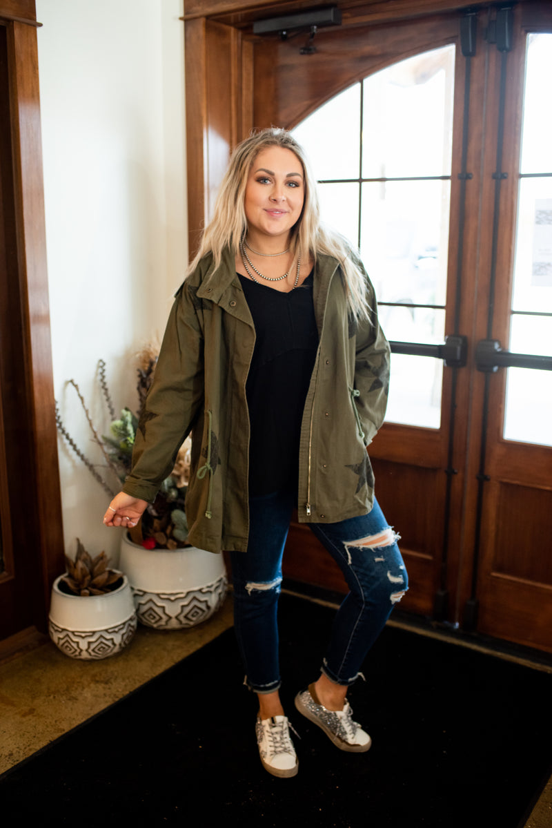 Olive Washed Star Printed Utility Jacket
