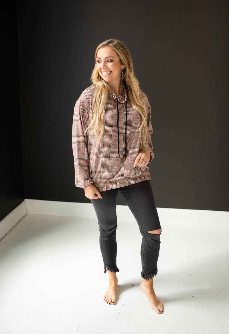 Drawstring Cowl Neck Plaid Top