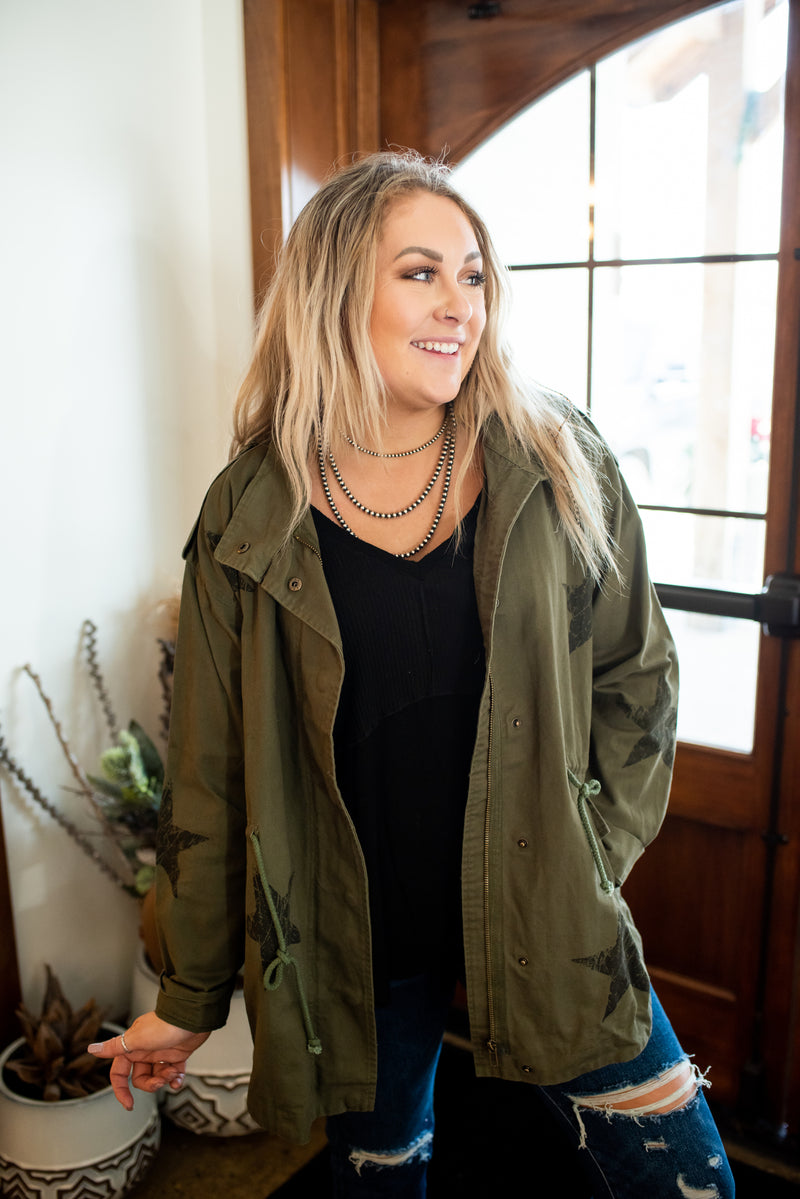Olive Washed Star Printed Utility Jacket