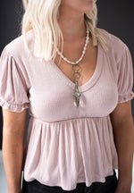 Dusty Rose Ribbed Flutter Top