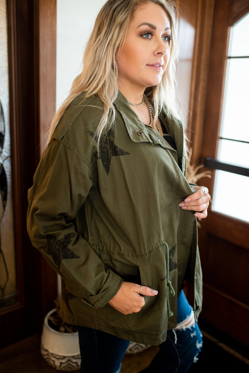 Olive Washed Star Printed Utility Jacket