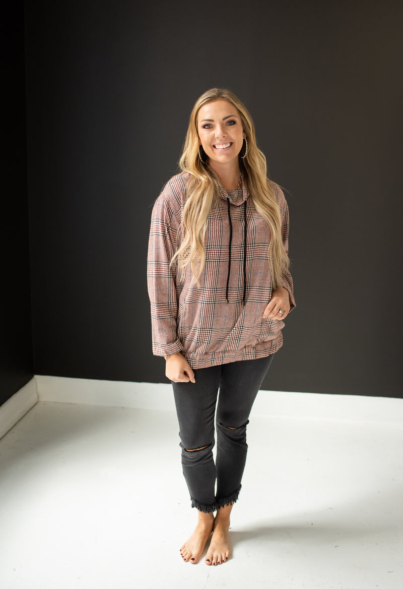 Drawstring Cowl Neck Plaid Top