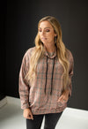 Drawstring Cowl Neck Plaid Top