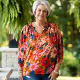 Camel Floral Print L/S V Neck with Ruffle Neck