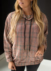 Drawstring Cowl Neck Plaid Top
