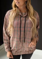 Drawstring Cowl Neck Plaid Top