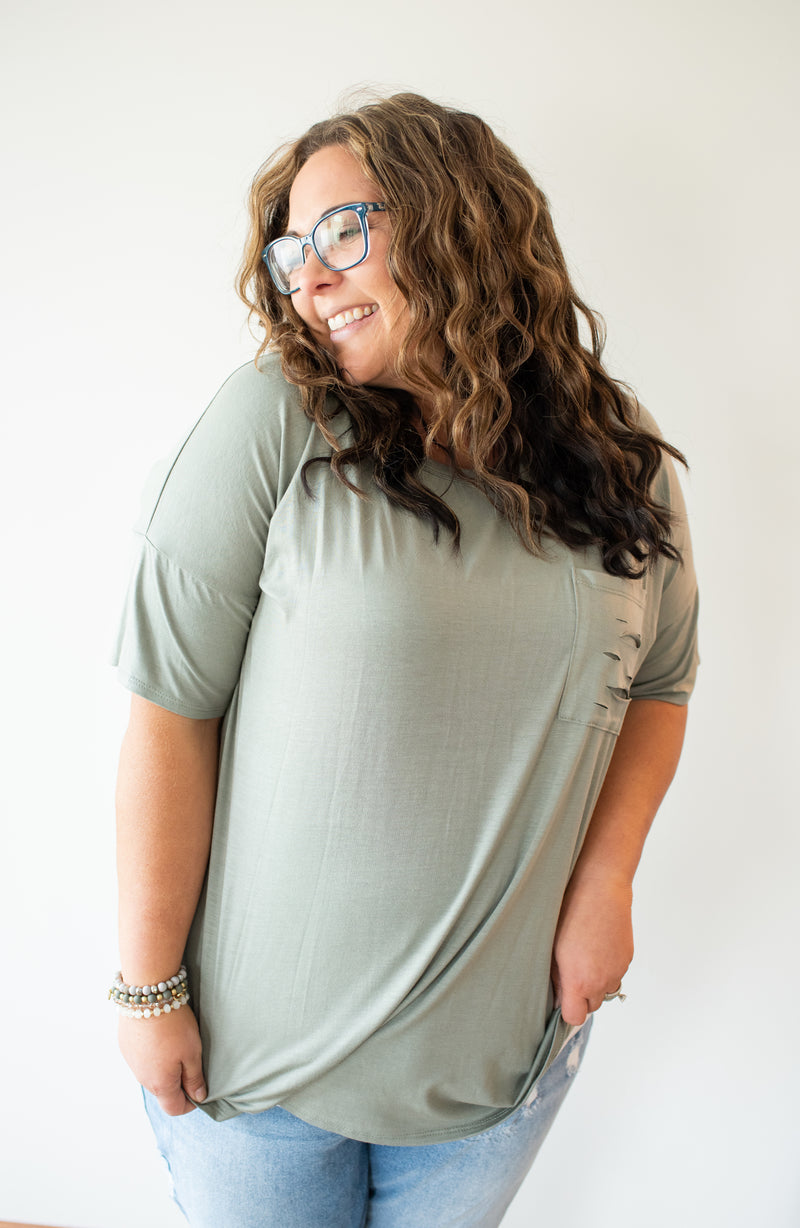 Distressed Front Pocket Tee