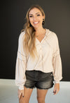 Taupe Soft Knit Front Button Hooded Top with Stitch Details