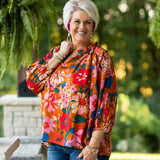 Camel Floral Print L/S V Neck with Ruffle Neck