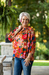 Camel Floral Print L/S V Neck with Ruffle Neck
