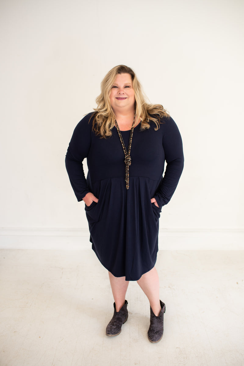 Navy L/S Pleated Dress with Side Pockets