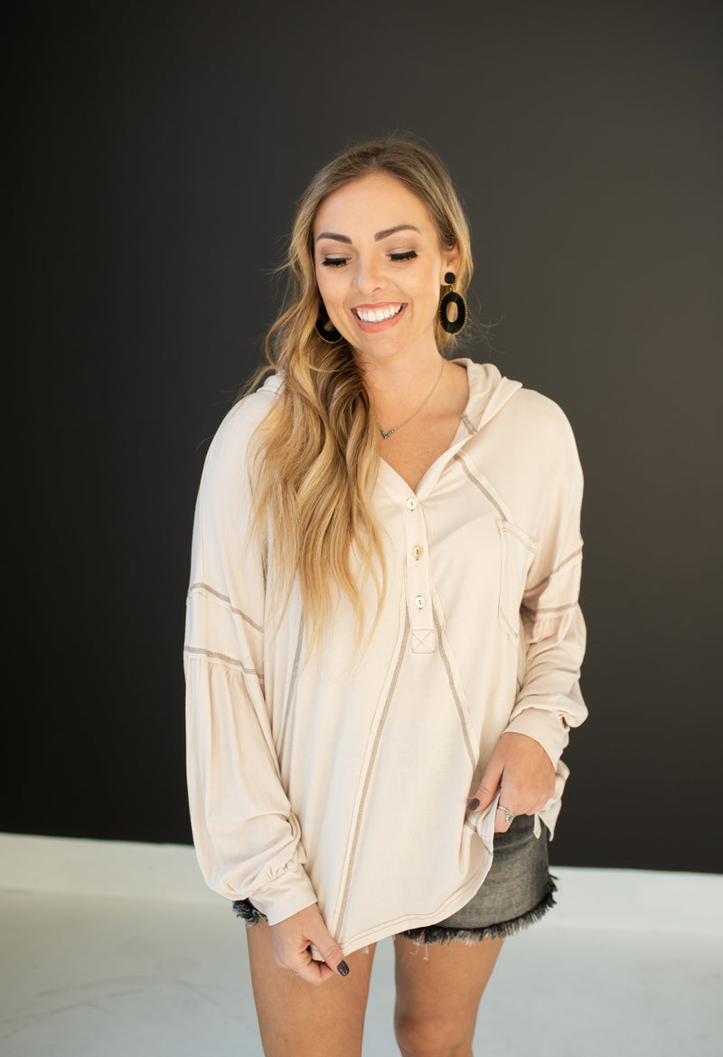 Taupe Soft Knit Front Button Hooded Top with Stitch Details