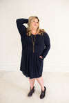 Navy L/S Pleated Dress with Side Pockets