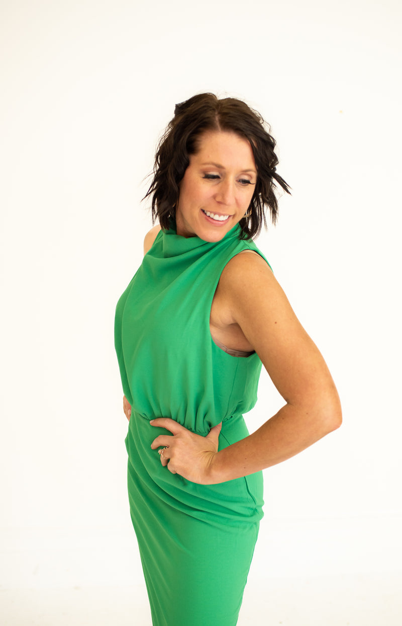Kelly Green Midi Cowl Neck Dress