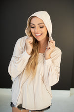 Taupe Soft Knit Front Button Hooded Top with Stitch Details