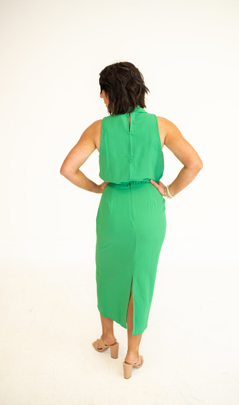 Kelly Green Midi Cowl Neck Dress