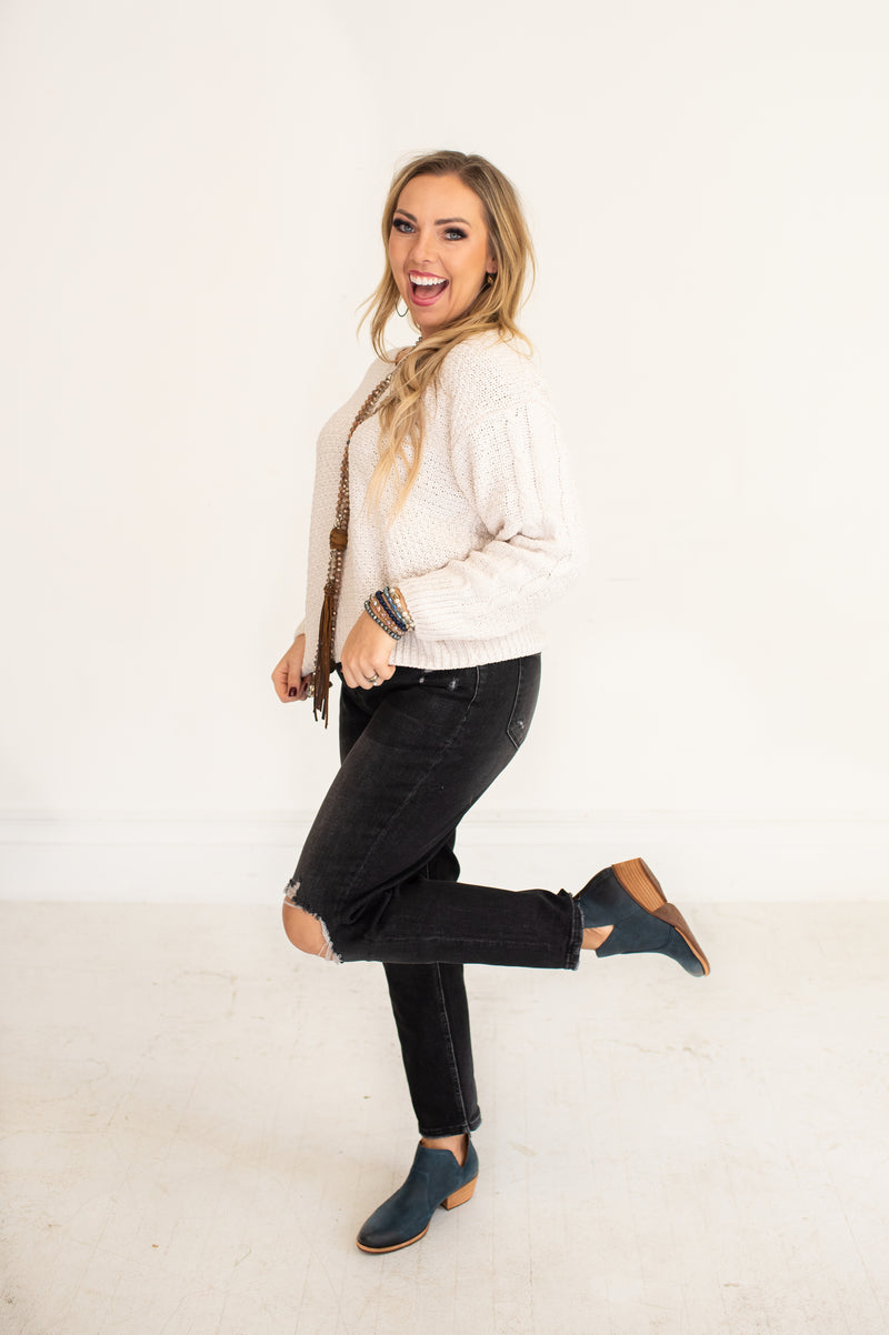 Distressed Black Stretch Mom Jean