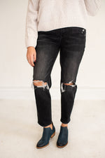 Distressed Black Stretch Mom Jean