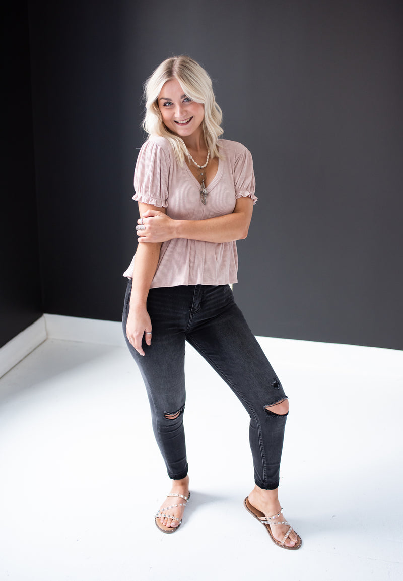 Dusty Rose Ribbed Flutter Top