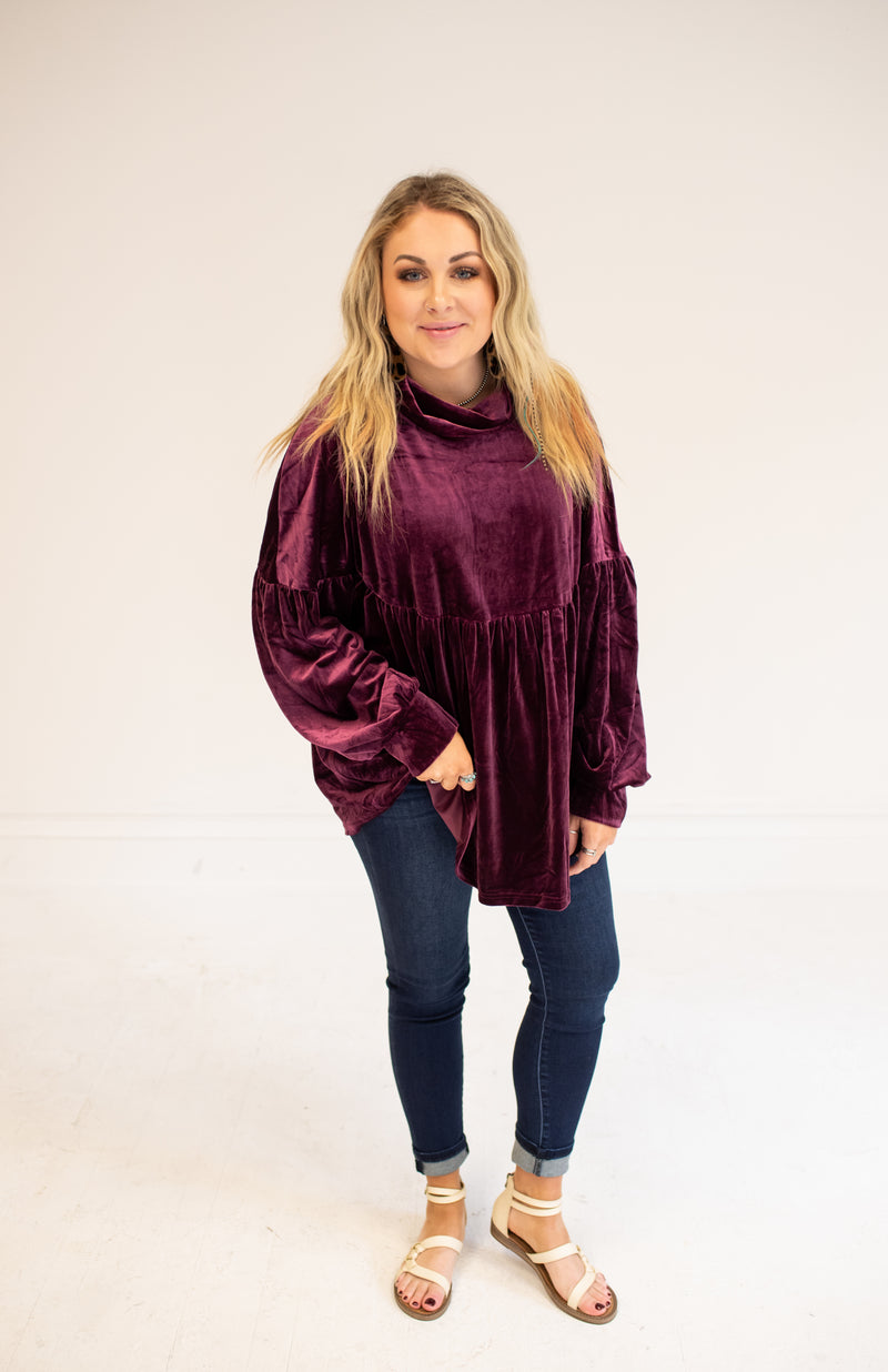 Plum Velvet Cowl Neck Long Sleeve